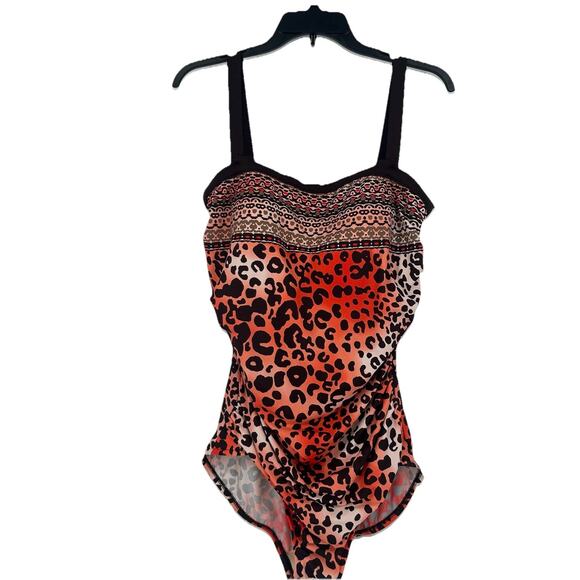 Maxine Boho Leopard Print One Piece Swimsuit Red Brown Ruched Size 16 - Picture 1 of 9